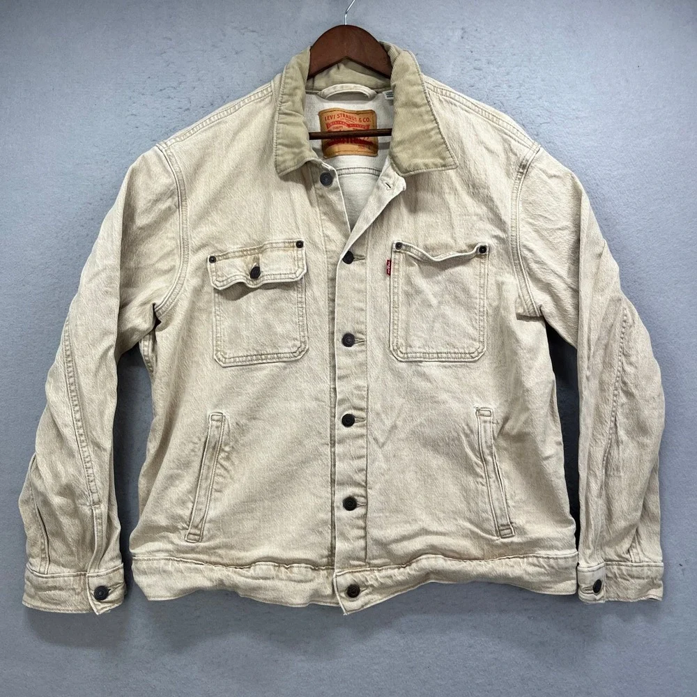 Levis Denim Jacket Mens L Tan Corduroy Collar Trucker Workwear Rugged Classic